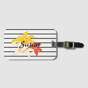 Orange Gult White Flowers on Black White Rand Bagagebricka