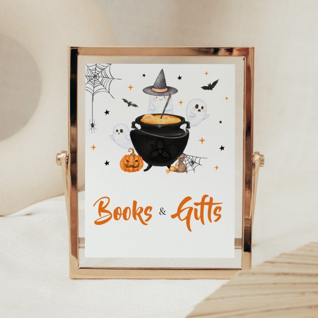 Orange Halloween Baby andas Bokar och gåvor Poster (Baby is Brewing Baby Shower Books and Gift Sign)