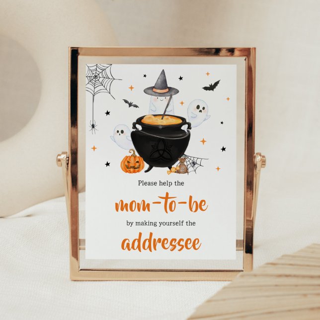 Orange Halloween Baby är Brewing Kuvert Station Poster (Baby is Brewing Baby Shower Envelope Station Sign)