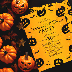 Orange Halloween fest Pumpkin & Fladdermus Inbjudningar