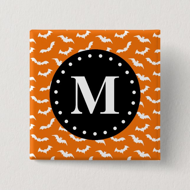 Orange Halloween Fladdermus Mönster Black Monogram Knapp (Framsida)
