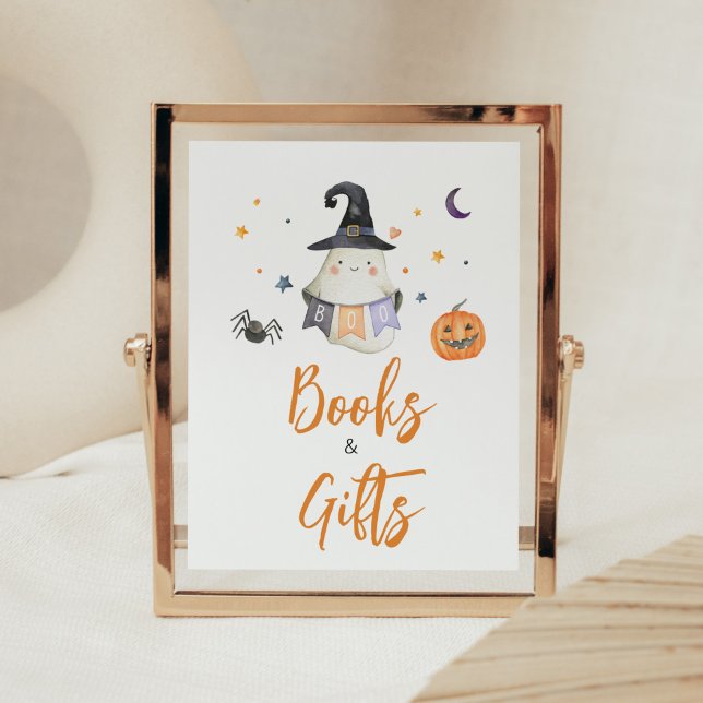 Orange Halloween Ghost Little Boo Bokar och presen Poster (Little Boo Baby Shower Books and Gifts Sign)