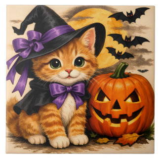 Orange Halloween Kittel med pumpa Kakelplatta