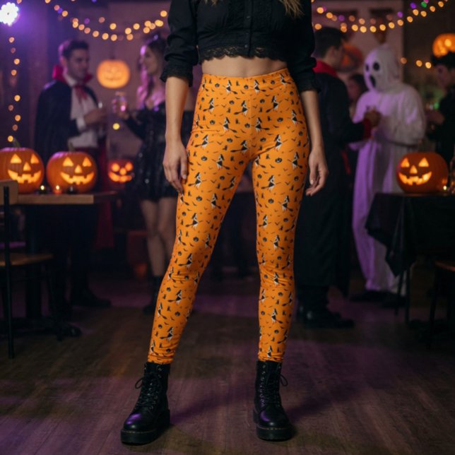 Orange Halloween med häxor & svarta katter Leggings (Skapare uppladdad)