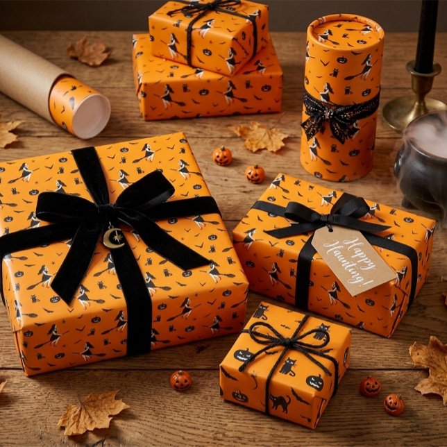Orange Halloween-presentpapper med häxor Presentpapper (Skapare uppladdad)