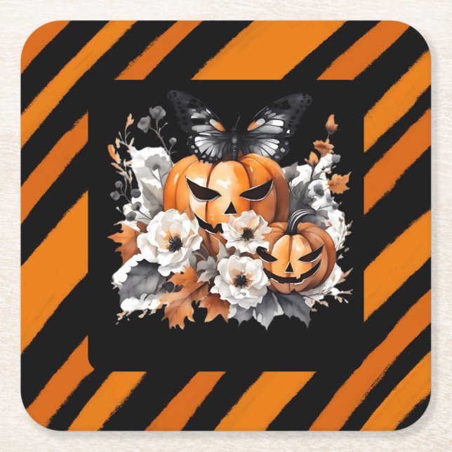Orange Halloween Pumpkin Floral Underlägg Papper Kvadrat (Framsidan)