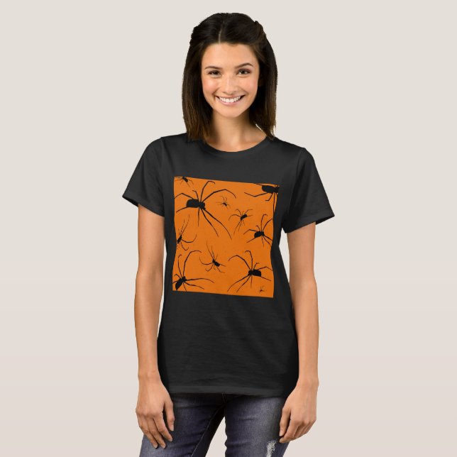 Orange Halloween Spiders Mönster, Black Spider T-S T Shirt (Hel framsida)