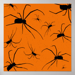 Orange Halloween Spiders Mönster, svart spider Poster