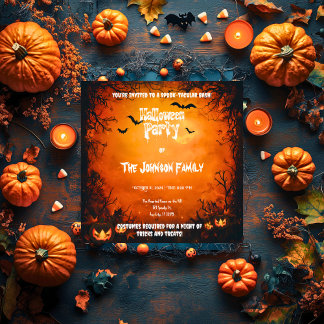 Orange Halloweenfest med pumpor och fladdermöss Inbjudningar