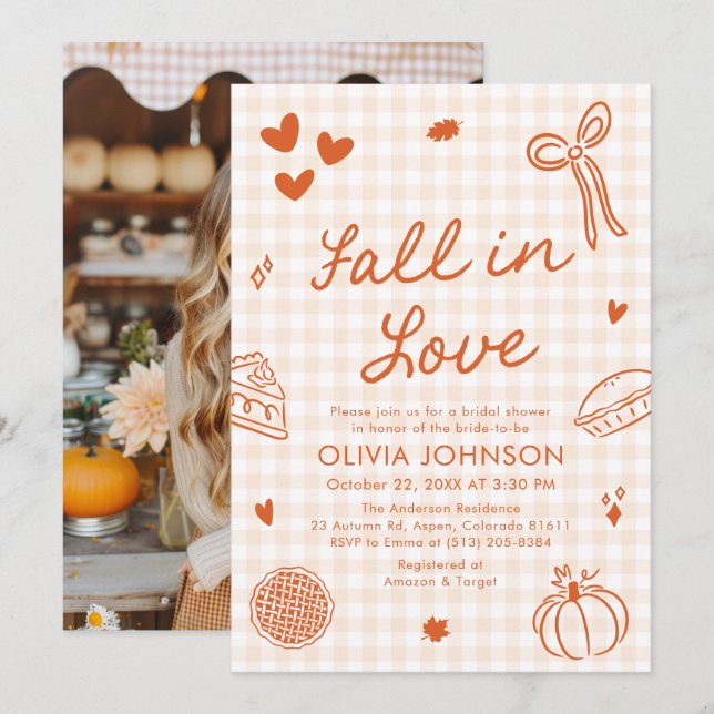 Orange Hand Drawn Fall in Love Bridal Shower Inbjudningar (Fram/baksida)