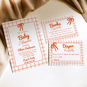 Orange Hand plockade Gingham Neutralt Baby Shower Inbjudningar