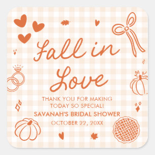 Orange Handritad Fall in Love Bröllopsdusch Fyrkantigt Klistermärke