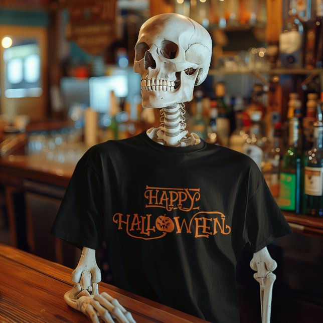 Orange Happy halloween Bony Typography T Shirt (Happy Halloween Typography Black Tee)