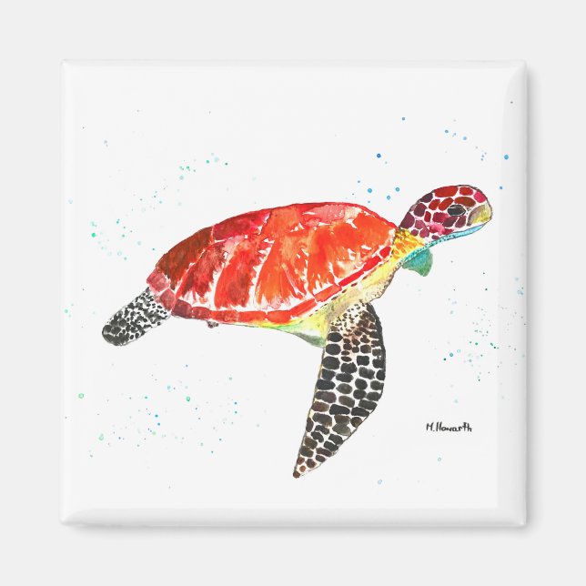 Orange havssköldpadda akvarell kust tropisk magnet (Framsidan)