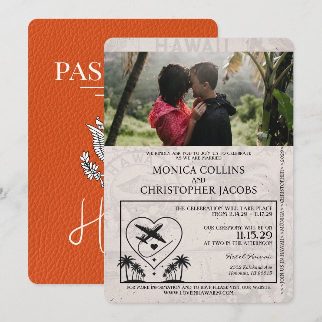Orange Hawaii Passport bröllop Inbjudningar (Fram/baksida)
