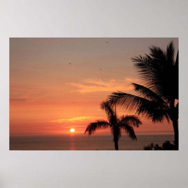 Orange Hawaiian Sunset Himlar med fåglar och Handf Poster (Framsidan)