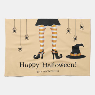 Orange Häxben Med En Hatt Och Spindlar Halloween Kökshandduk