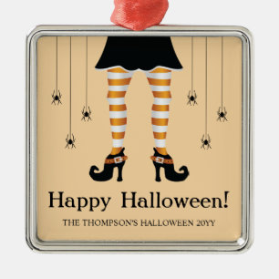Orange Häxben Och Spindlar Glad Halloween Text Julgransprydnad Metall