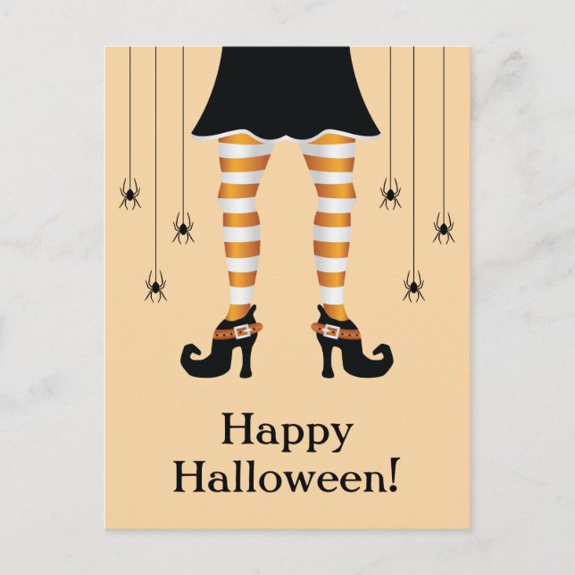 Orange Häxben Och Spindlar Glad Halloween Text Vykort (Framsida)