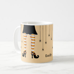 Orange Häxben Och Spindlar Med Namn Halloween Kaffemugg