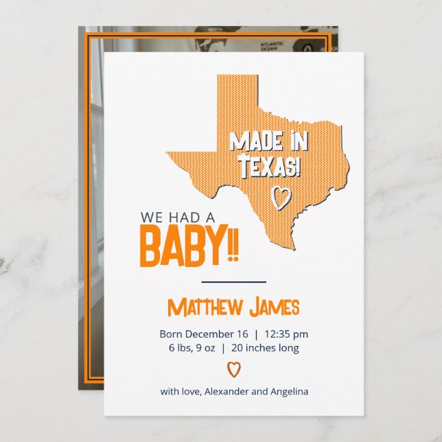 Orange Herringbone Made in Texas Photo Baby Meddelande (Fram/baksida)