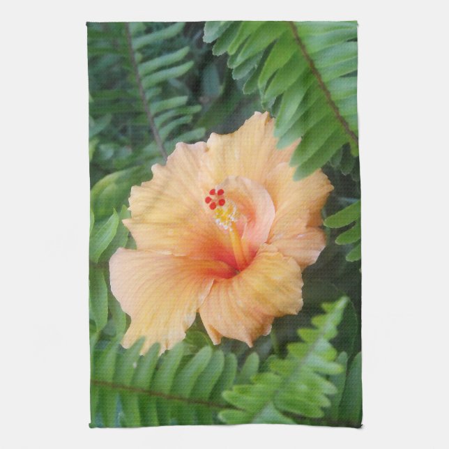 Orange Hibiscus Flower med Ferns Kökshandduk (Vertikal)