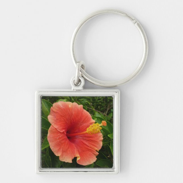Orange Hibiscus Flower Tropical Blommigt Fyrkantig Silverfärgad Nyckelring (Framsidan)