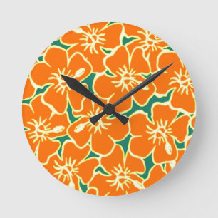 Orange Hibiscus Flowers Tropical Hawaiian Clock Rund Klocka