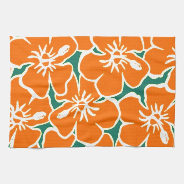 Orange Hibiscus Flowers Tropical Hawaiian Luau Kökshandduk (Horisontell)