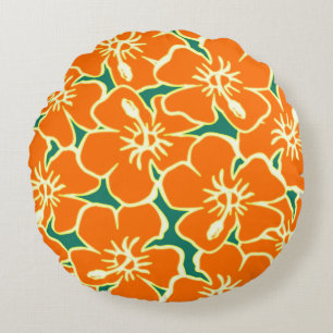 Orange Hibiscus Flowers Tropical Hawaiian Luau Rund Kudde