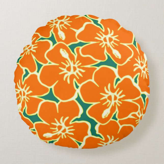 Orange Hibiscus Flowers Tropical Hawaiian Luau Rund Kudde (Framsidan)