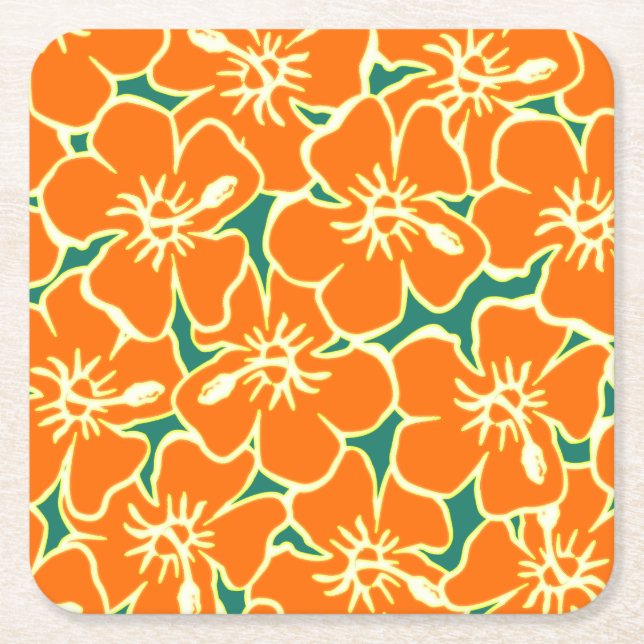 Orange Hibiscus Flowers Tropical Hawaiian Luau Underlägg Papper Kvadrat (Framsidan)