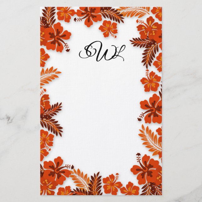 Orange Hibiscus Gräns Monogrammed Blank Papper (Framsida)