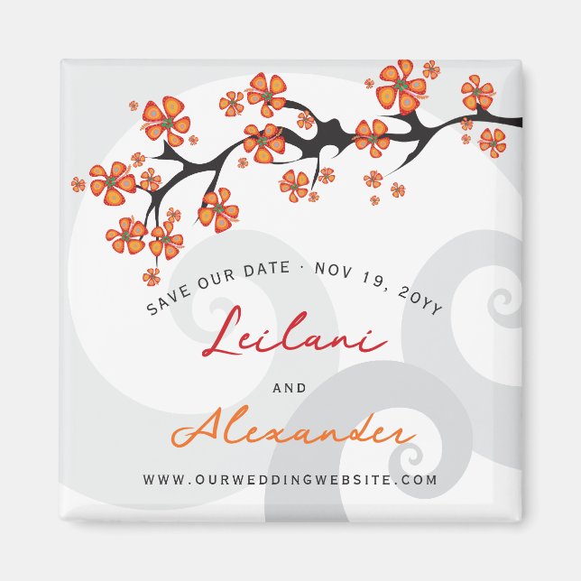 Orange Hibiscus Grått Swirls Tropical Save Date Magnet (Framsidan)