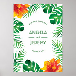 Orange Hibiscus och Tropiska Löv Bröllop Poster