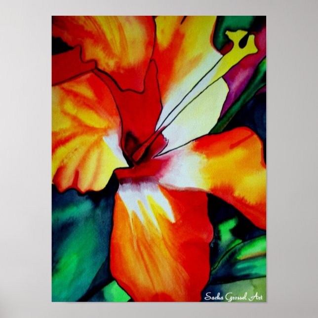 Orange Hibiscus tropisk blomsterfärgskonst Poster (Framsidan)