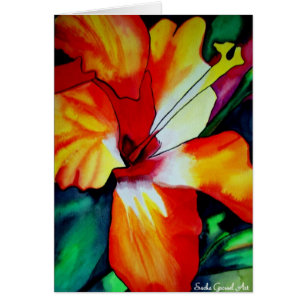 Orange Hibiscus tropisk blomvattenfärgskonst Hälsningskort
