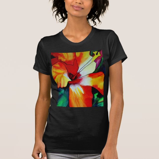 Orange Hibiscus tropiska blommor - vattenfärgskons T-shirt (Framsida)