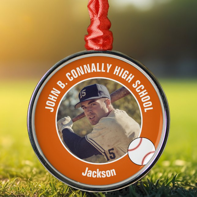 Orange High School Baseball Player Photo Christmas Julgransprydnad Metall (Skapare uppladdad)