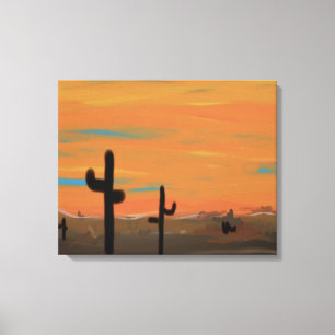 Orange Himlar och Cacti Wrapped Canvas Painting