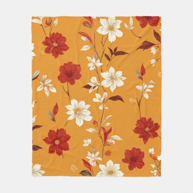 Orange höst boho vintage blommönster fleecefilt (Framsidan)