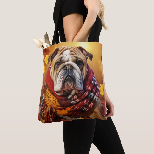 ORANGE HÖST LÖV & BROWN WHITE BULLDOG HUND TYGKASSE (Närbild)
