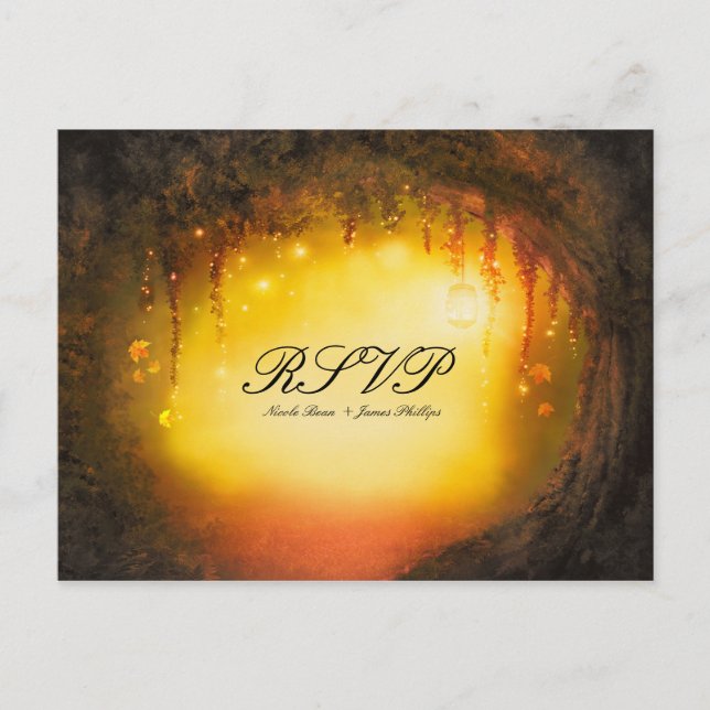 Orange höst rustic förtrollad skog bröllop svar inbjudan vykort (Framsida)