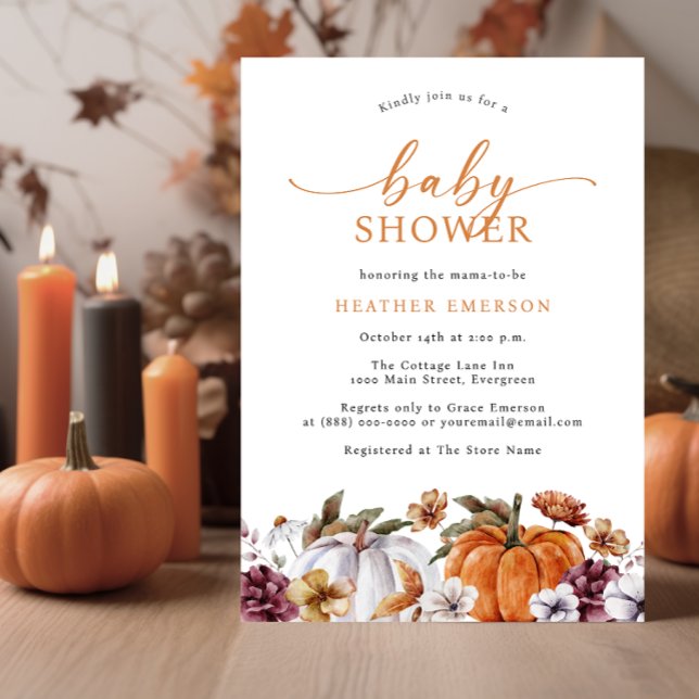 Orange Höstbabyskiss Inbjudningar (Fall Burnt Orange Baby Shower Invitation Autumn White Pumpkins Watercolor Burgundy Florals)