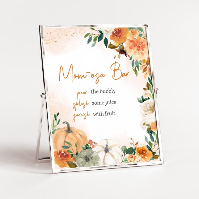 Orange Höstfall Blommigt Pumpkin Mamma Osa Pub Poster (Autumn Floral Pumpkin Baby Shower Mom Osa Bar Sign)