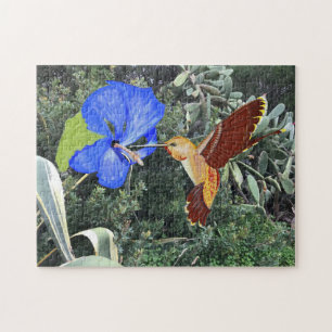 Orange Hummingbird och Blue Hibiscus Pussel