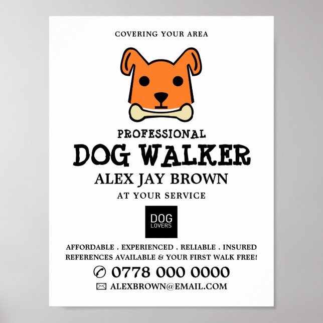 Orange Hund med Bone, Dog Walker Advertising Poster (Framsidan)
