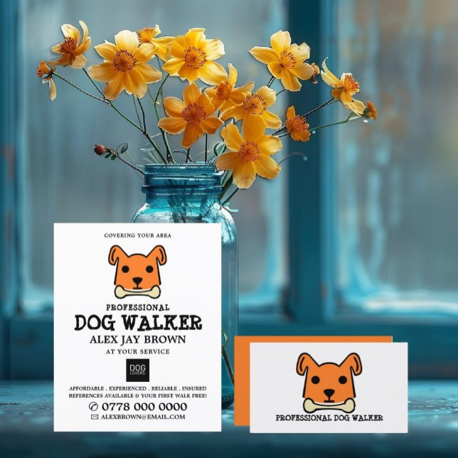 Orange Hund med Bone, Dog Walker Advertising Reklamblad (Skapare uppladdad)