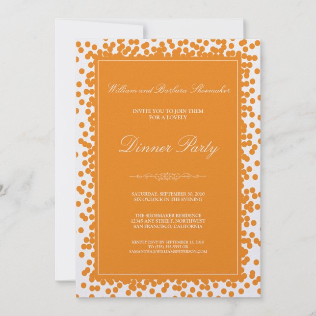 Orange inbjudan för konfettimiddagparty (Framsida)