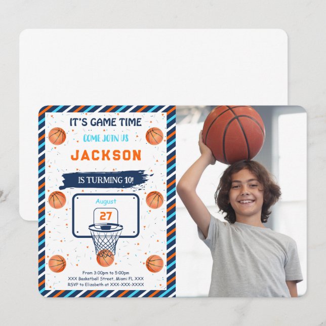 Orange inbjudan till fotofest för basketfödelsedag (Fram/baksida)